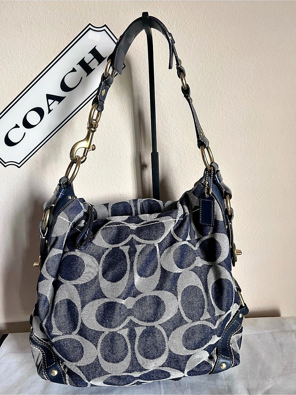 Coach Signature Denim Carly Shoulder Bag Blue & White